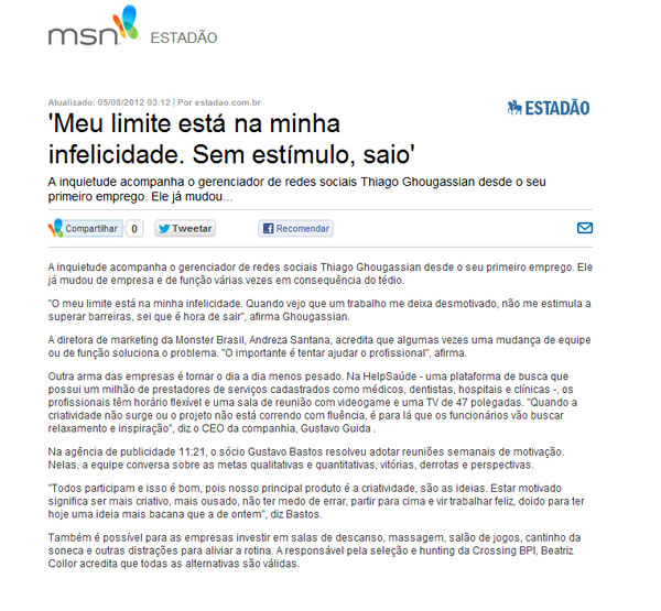 HelpSaúde: startup fala sobre ambiente de trabalho no Estadão online