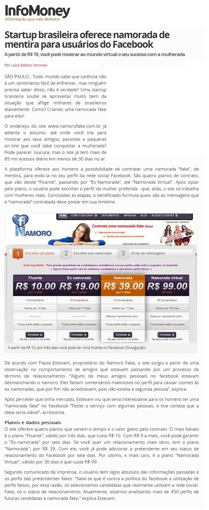 Namoro Fake é notícia na InfoMoney